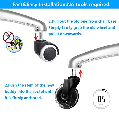 Yemi Bureaustoelwieltjes met harde vloeren, zeer stil, draaibare wielen voor bureaustoel, bureaustoel ... 75MM,10x22MM - Afbeelding 6