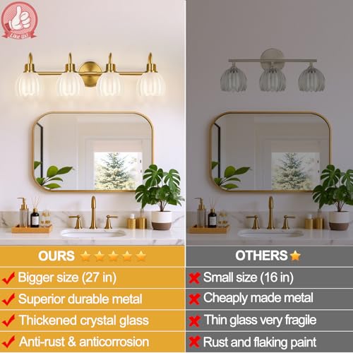 Image of 4-Light Bathroom Light Fixtures, 27 inch Brushed Gold Vanity Lights for Bathroom with Ribbed Frosted Clear Tulip Glass Shade, Vintage Bathroom Vanity Lighting Fixtures Over Mirror for Living Room Hallway
