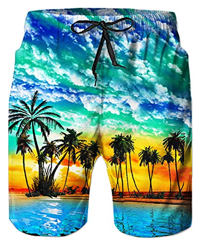 Mens Funny Swimming Trunks 3D Graphic Blue Hawaiian Palm Tree Board Shorts Long Beachwear Quick Dry Brazilian 80s Retro Basic Watershorts Summer Holiday Bathing Suits Hawaii Tropical Clothing