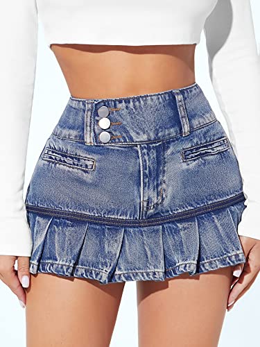 Women's High Waist Pleated Hem Denim Skirt Zipper Fly Bodycon Mini Skirts