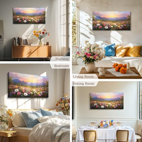 crmotu Large Landscape Wall Art, Flower Wall Art, Floral Wall Decor, Daisy Field Artwork for Walls, Mountain Wilderness Scenic Paintings Wall Decor Living Room Bedroom Kitchen Canvas Prints 20x40inch