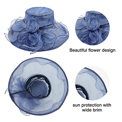 Women Large Flower Tea Party Fascinator Hat Church Cocktail Easter British Organza Dress Hat Cap Headpieces (Blue) #TOP3