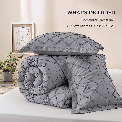 Image of Bedsure Full Comforter Set - Grey Comforter, Boho Tufted Distressed Vintage Bedding for Kids, 3 Pieces Farmhouse-Style Bed Set for All Seasons, Fluffy Soft Bedding with 2 Pillow Shams