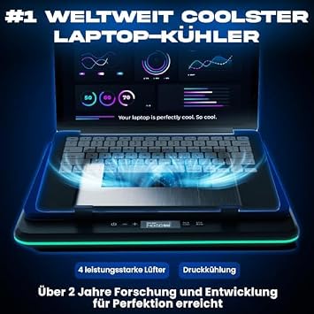 KLIM Turbofrost Gaming Laptop Cooling Pad, 16,000 RPM, RGB, USB-C/DC | 4 turbo fans, aircraft-grade aluminum, anti-dust, dual USB-C/DC power, 3 extra USB ports, up to 17.3in