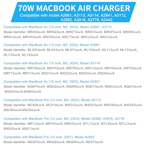 Chargeur Mac Book Air Pro 70W USB-C avec câble de 2m pour MacBook Air et Pro