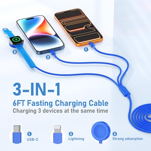 Image of for Apple Watch Charger Fast Charging,3 in 1 Multi Charger USB C Cable,iWatch Charger Cord 6FT for iWatch Ultra3 /2 /1 /SE 3 /2 Series 11 /10 /9 /8 /7 /6 /5 /4,for iPhone17 15 16 Pro Max /14 /13 /12 /11-Blue