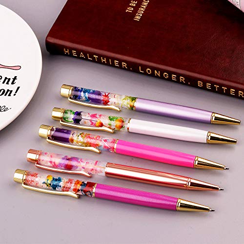 Ballpoint Pens, 5 Pieces Rose Gold/White/Purple/Rose Red/Dark Purple Metal Ball Pen refillable Refills Black Ink Herbarium Floral Pens for Office Supplies - Thumbnail 2