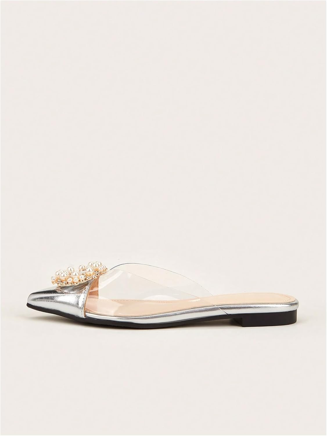 Floerns レディース ラインストーン 透明 クローズドポインテッドトゥ バックレス ミュール フラット