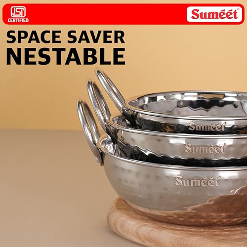 Image of Sumeet ISI Certified Stainless Steel Mini Kadhai for Serving, Tadka - Hammered Kadai, Induction and Gas Stove Friendly, Small Size (Set of 3Pc, 350ml, 550ml, 750ml, Silver)