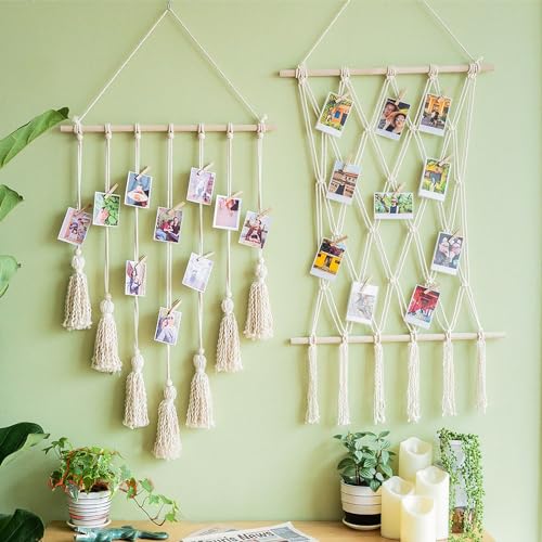 Fsocpen HB0161 2Pcs Hanging Photo Display Boho Macrame Wall Decor,Boho Macrame Wall Hanging Decor With 20 Wood Clips,Macro Photo Frame thumb #4