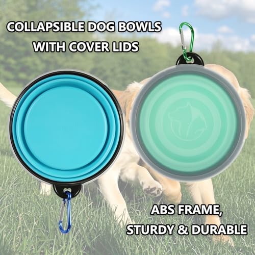 2 Stück Faltbare Reisenäpfe,Haustier Hundenapf mit Deckel und Haken Tragbare Silikon Trinkschale für Katzen,Hunde Reise Wanderungen and Camping (Hellblau und Hellblau, klein)