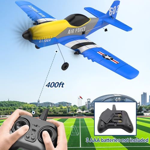 Image of Rc Plane, 3 Channel Rc Airplane 2.4Ghz With 2 Batteries 6-Axis Gyro Stabilizer, Easy To Fly For Beginners Adults And Kids (P-51D), Blue