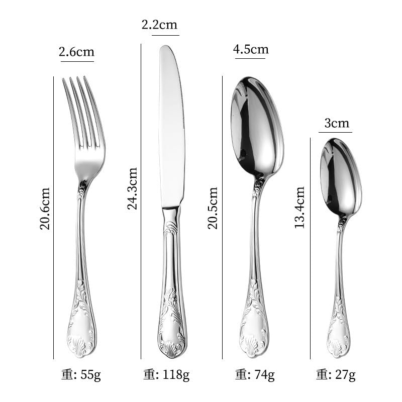 Ce Service de Couverts Comprend 10 cuillères et fourchettes en Acier Inoxydable avec Manches sculptés à Motifs décoratifs. Un Ensemble Luxueux et Unique pour la Maison. Couleur Argent. 32 pi