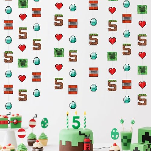 Image of 46Ft Pixel 5th Birthday Party Decorations Green Brown Miner Themed Garland Streamer for Boys 5th Mining Craft Birthday Pixel Miner Gamer Cartoon Mining Party Decor Supplies