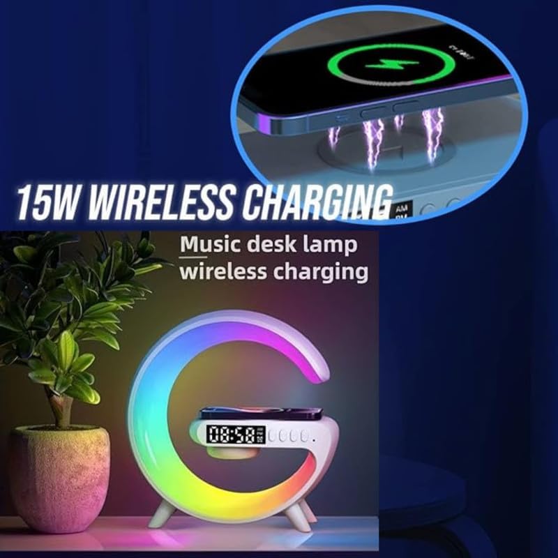 Image of Drumstone 𝟓+𝟓 Year 𝐆𝐔𝐀𝐑𝐀𝐍𝐓𝐄 Wireless Charging Bluetooth Speaker Alarm Clock with LED Ambient Light | Qi Enabled 10W Charging Pad, Dual Alarm & Snooze, Bedside Speaker for Bedroom & Office