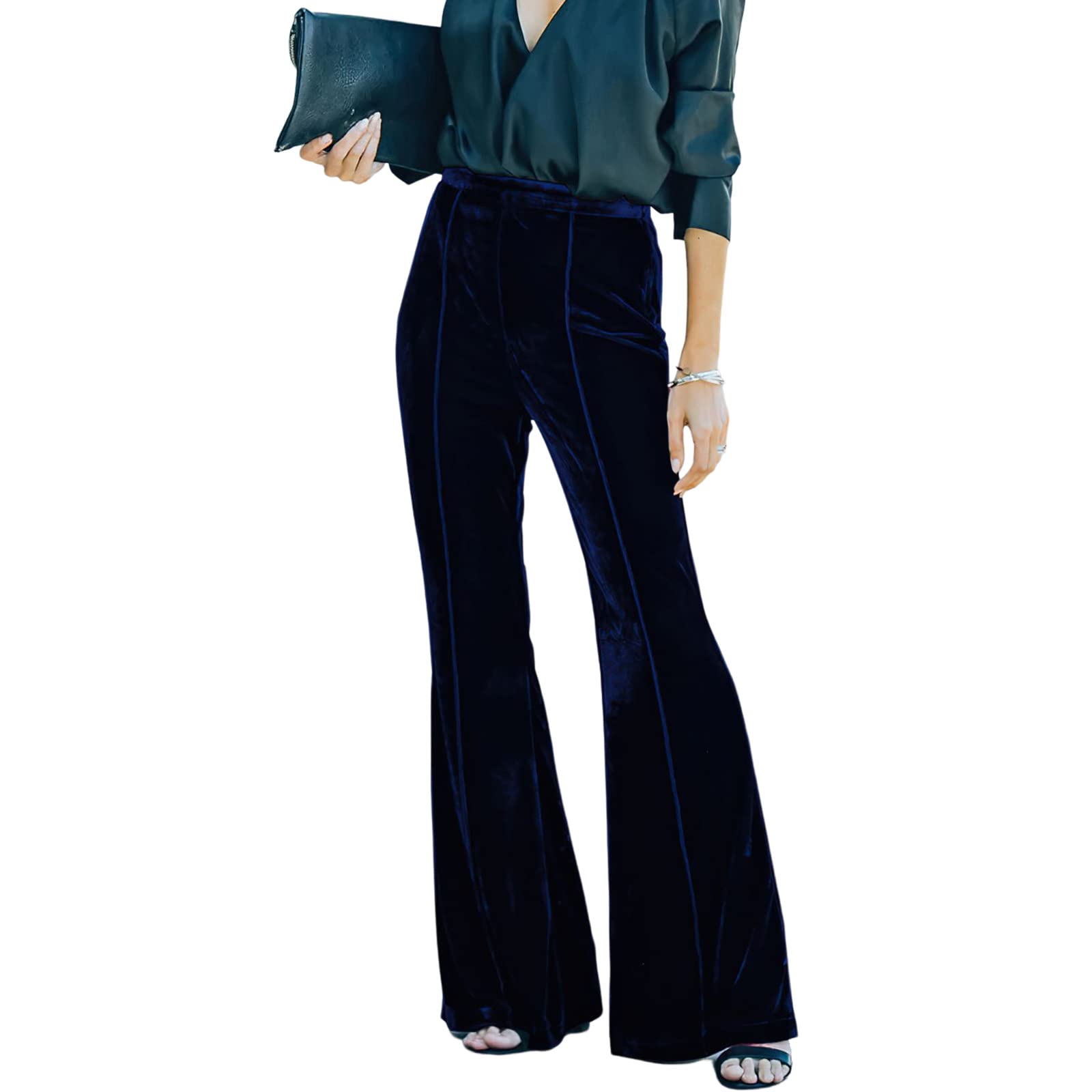 Viatabuna Velvet High Waist Pants for Women Flare Wide Leg Palazzo Pants Casual Bell Bottoms Long Trousers Streetwear