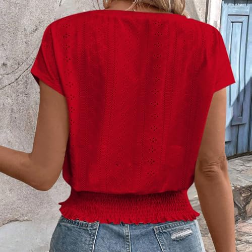 Eyelet Tops Cropped for Women Girls Y2K Tees Summer Dressy Casual Short Sleeve Shirts Elegant Business Blouses3