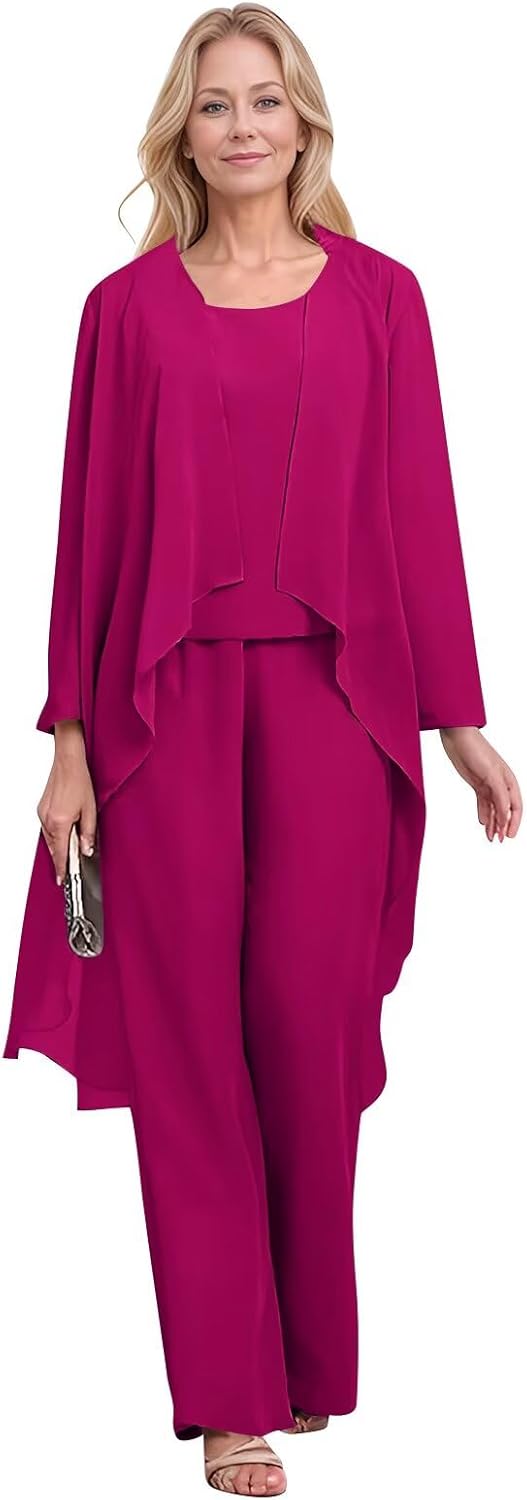 Chiffon Mother of The Bride Pant Suits 3 Pieces for Wedding Formal Outfit Set Formal Evening Gown with Jacket Outfit