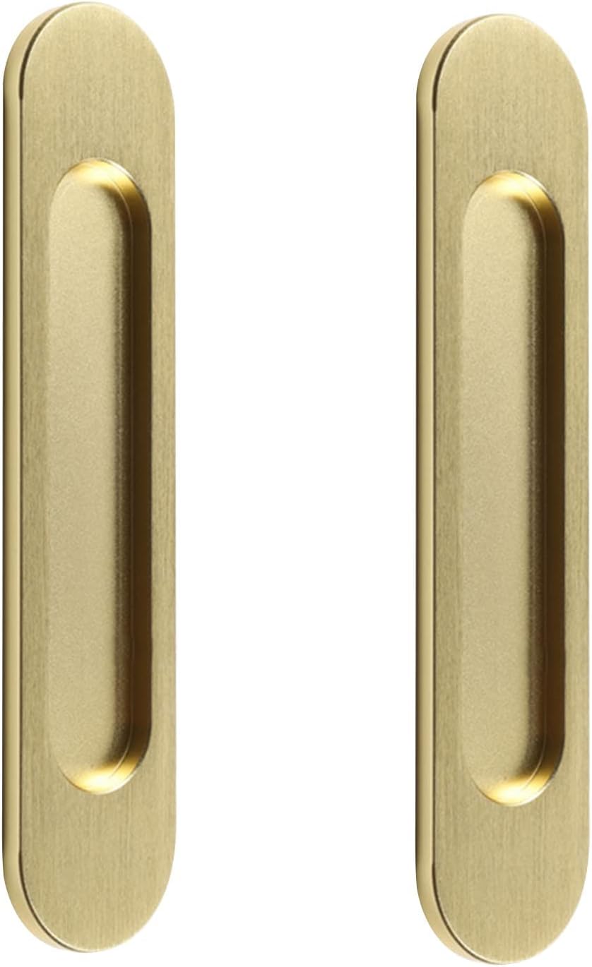 MAKINGTEC Self-Stick Oval Sliding Door Pulls, 2pcs Matte Gold Aluminum Alloy Flush Pull Punch-Free Handle for Sliding Barn Door Windows Cabinets