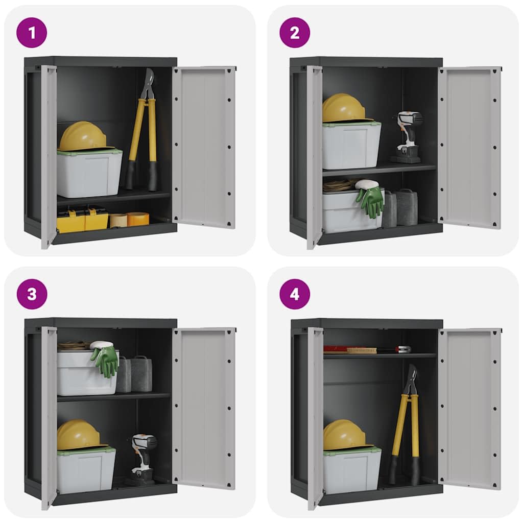 Gartenschrank Grau und Schwarz 65x37x85 cm, Robuster Geräteschrank aus PP-Kunststoff mit verstellbarem Einlegeboden, Abschließbarer Balkonschrank für Garten und Terrasse