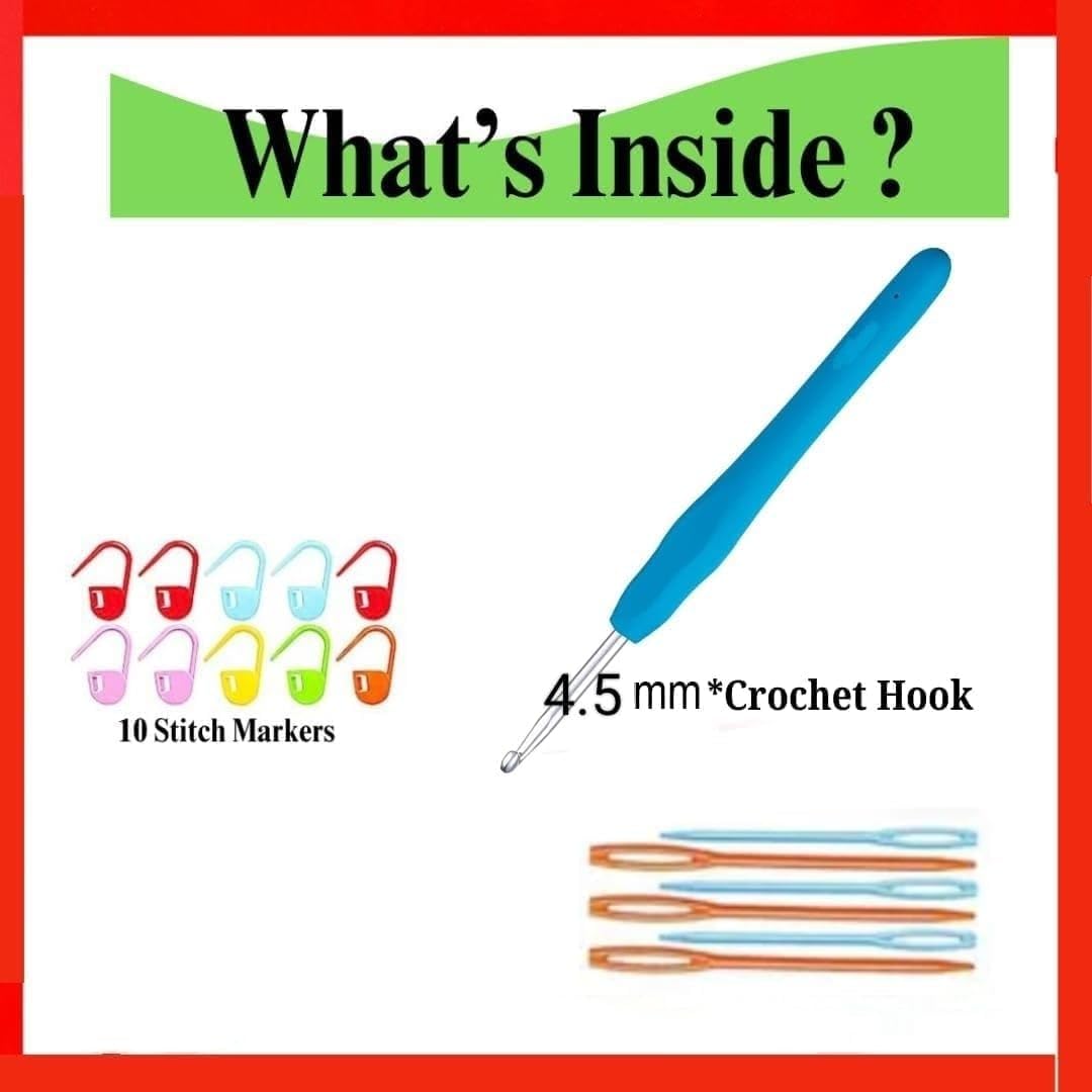 VIRADHAM 4.5mm Crochet Hook with Soft Grip Handle – Ergonomic Aluminum Crochet Needle Set with 9 Stainless Steel Large Eye Yarn Needles, Colorful Plastic Sewing Needles & Crochet Stitch Markers for Knitting & Crochet Projects (4.5mm hook) 3