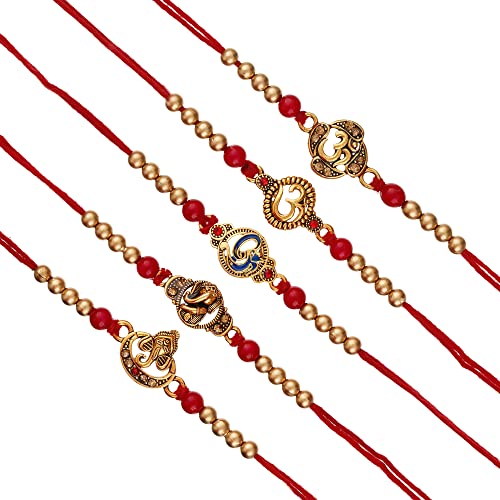 Image of eCraftIndia Red & Golden Set of 5 Om Symbol and Lord Ganesha Designer Religious Rakhi with Roli Chawal Pack