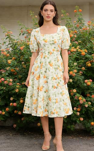 Image of Belle Poque Women's Vintage Midi Cottagecore Cocktail Dresses | Belle Poque Women's Vintage Cottage Core Dress,A-line,Midi,Square Neck,Homecoming Dress,Cocktail Dress,Sun Dress