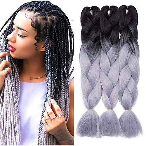 Preisvergleich Produktbild 24" Braids Extensions Flechten Hair Extensions Crochet Haar Kunsthaar Kanekalon Colorful 3 PCS Schwarz bis Silbergrau