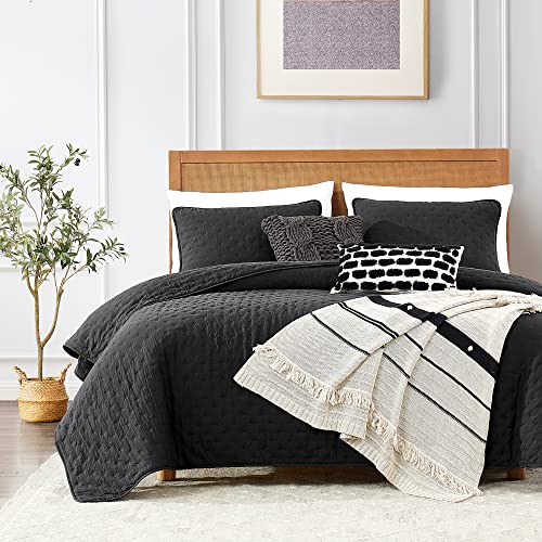 ROARINGWILD Black King Size Quilt Bedding Sets with Pillow Shams, Lightweight Soft Bedspread Coverlet, Quilted Blanket Thin Comforter Bed Cover, All Season, 3 Pieces, 104x90 inches