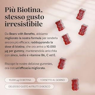 Biotina Gummies Ah-mazing Hair – Integratori per Capelli – Formula Potenziata – 10.000 µg di Biotina, Zinco, Vitamina B6, C, E e Iodio – 30 pezzi (1 Mese), Vegane, Senza Zucchero, Bears with Benefits