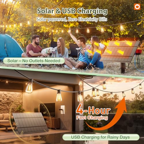 Image of addlon 204FT(2 Pack*102FT) Solar String Lights Waterproof, Patio Lights Solar Powered with Remote & USB Port, 3 Lighting Modes 60+4 LED Shatterproof Bulbs Outdoor Light for Camping Backyard Garden