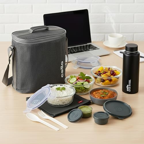 CELLO MF Glassy Pro Max 9 Pcs Glass Lunch Box with Bag, Grey | 3 x 400ml Microwave Safe Container, 1x225ml + 2x50ml Container, Steel Bottle 700ml, Spoon & Fork | Air Tight Leakproof Tiffin for Office