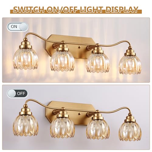 Image of Vintage Bathroom Light Fixtures, 4 Light Gold Bathroom Vanity Light, Matte Antique Brass Finish with Amber Crystal Glass Shade, Wall Sconces Lighting for Bedroom, Living Room(Amber-colored Glass)