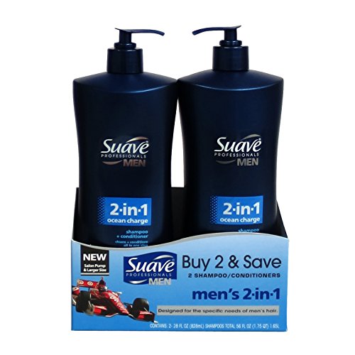 Suave Men Ocean Charge 2-in-1 Shampoo + Conditioner 28 oz w/ Salon Pump (2-Pack)