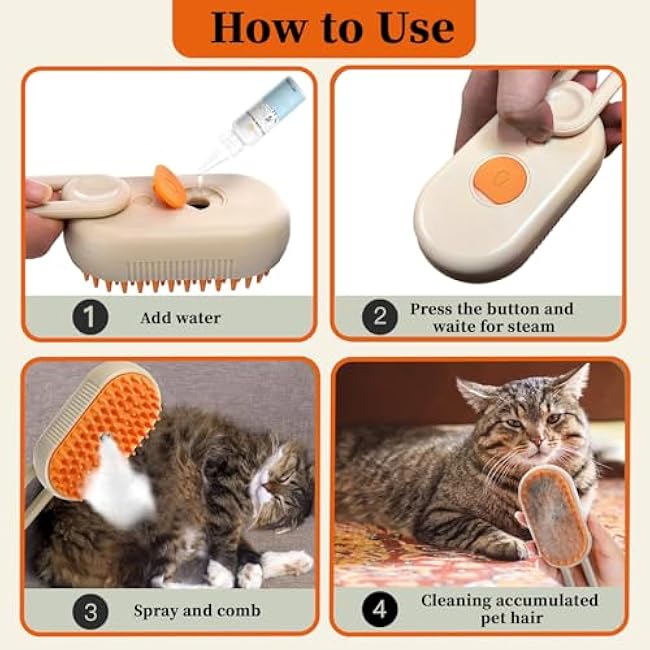 4-in1 Cat Steam Brush for Shedding & Grooming, Spray Hair Removal Comb with 1 Waterless Shampoo, Cat Brush for Massage, Pet Grooming Comb Hair Removal Tool for Cats and Dogs-9SqxusHD