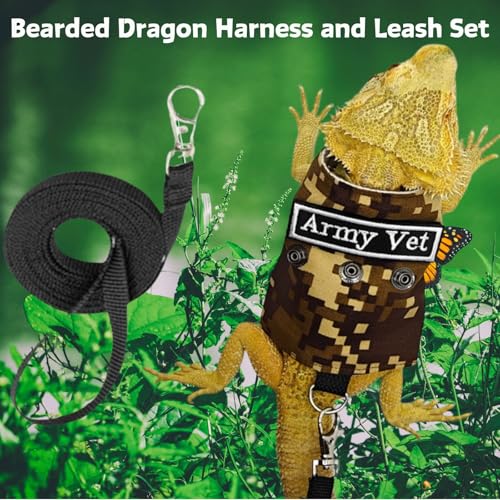 Image of Bearded Dragon Harness Leash Set with Patch Adjustable Lizard Traction Rope Escape Proof Outdoor Walking Reptile Camouflage Costume Accessories for Bearded Dragon Lizard Small Pets (Brown)