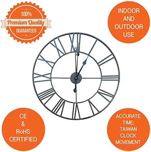 Klass Home 60cm Black Metal Large Wall Clock INDOOR / OUTDOOR Wall Clock | Silent Non-Ticking Roman Numerals Clocks For Living Room | Bedroom Kitchen Clock | Outdoor Clock | Garden Clock | Home Decor