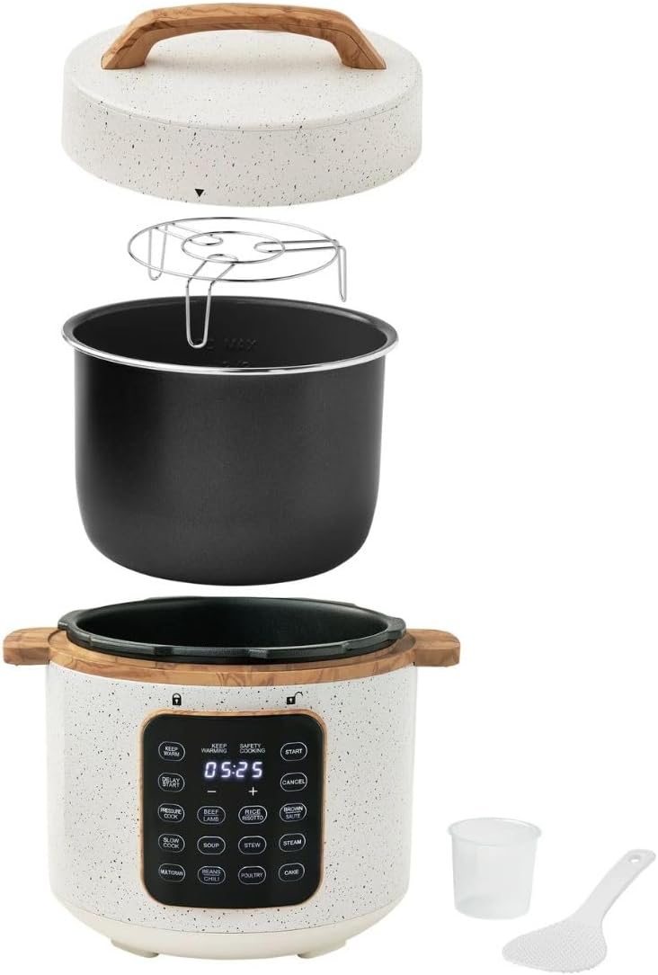 Exploded view of the multi-cooker showing the lid, steaming rack, inner pot, main unit, measuring cup, and meal spoon