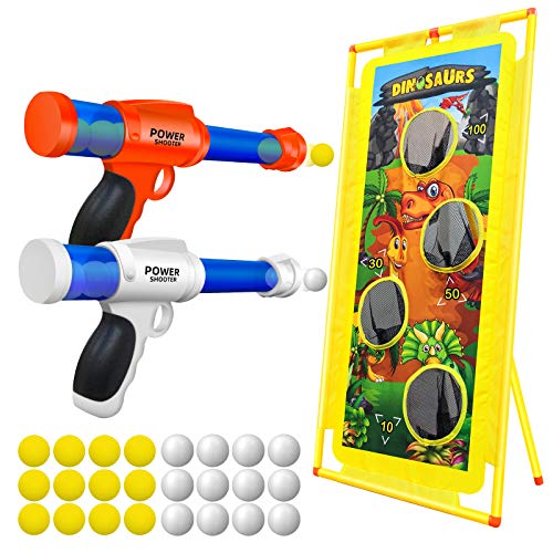 GH DYNAMICS Shooting Game Toy Set, 2PCS Foam Ball Popper Air Guns with Standing Shooting Target and 24 Foam Balls, Indoor Activity Game for 5, 6, 7, 8,9,10+ Years Old Kids, Compatible with Nerf Toys