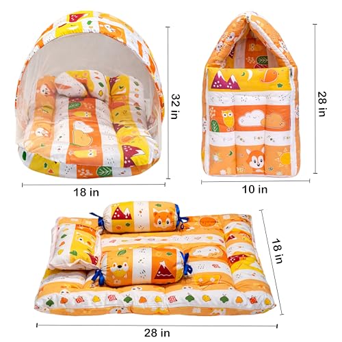 Image of Infantbond Designer Mattress with Net | Baby Sleeping Bag | Carry Bed (0-6 Months) (Orange Fox)