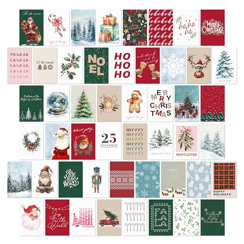 TwoDays Christmas Wall Art Collage Kit Retro Xmas Cards Classic Holiday Santa Poster for Room Decor Boho Aesthetic Pine Tree Cheers Artwork Picture Postcards Prints Set of 50 4–6