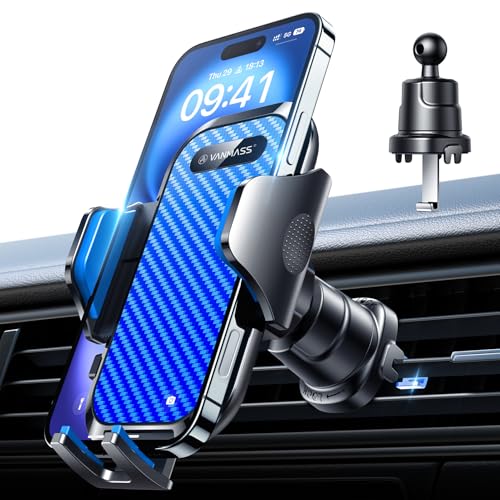 VANMASS Car Phone Holder Mount 2025 Upgraded [Patent Steel-Hook] Car Vent Phone Mount Clip Military-Grade Shockproof Cell Phone Car Mount Handsfree Truck Stand Vent Cradle for iPhone 16 Android,Blue