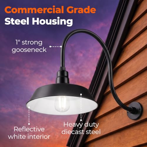 Image of 14in. Satin Black Outdoor Gooseneck Barn Light Fixture With 24in. Long Extension Arm - Wall Sconce Farmhouse, Vintage, Antique Style - UL Listed - 9W 900lm A19 LED Bulb (5000K Cool White)