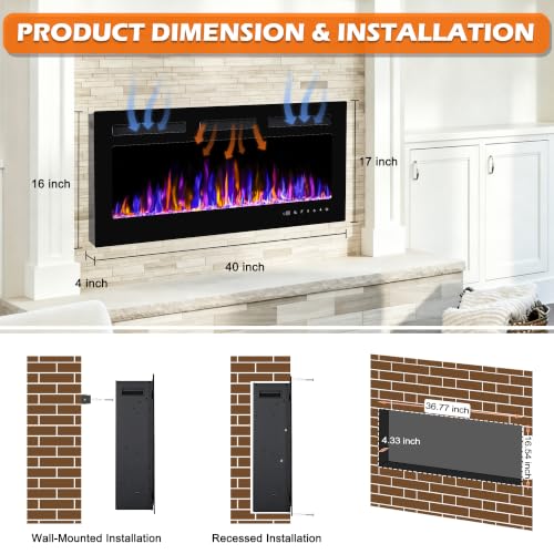 Image of 40 inch Electric Fireplace Wall Mounted and Recessed 750 /1500w W /Remote Control