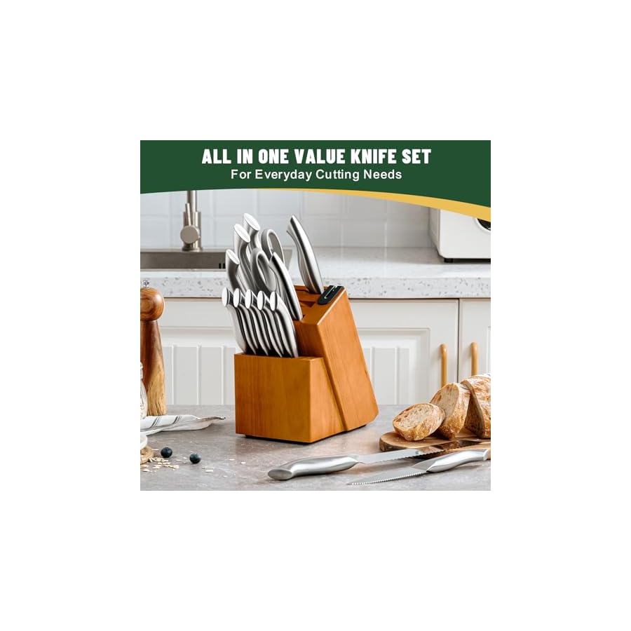 Knife Set, EWFEN 14-Piece Kitchen Knife Set with Block, German Stainless Steel Knives with Built-in Knife Sharpener, Anti-Slip Sharp Knives Set for Kitchen, Dishwasher Safe, Curved Handle