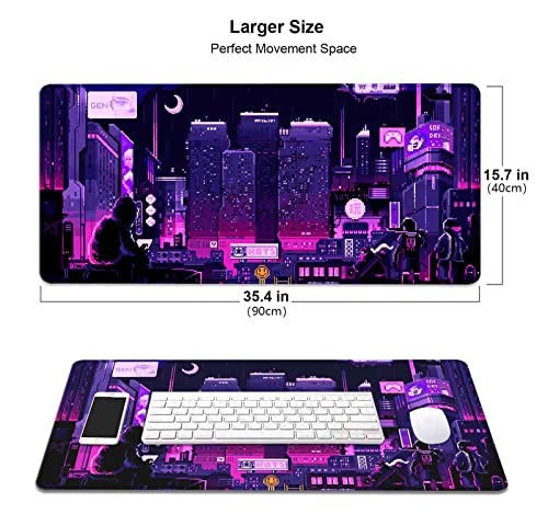 Image of Retro Vaporwave Large Mouse Pad for Desk, Neon Tokyo Street Pixel Art Desk Pad, Purple Japanese Anime Gaming Mouse Pad XXL, Skyline City Desk Mat, 35.4 x 15.7 in
