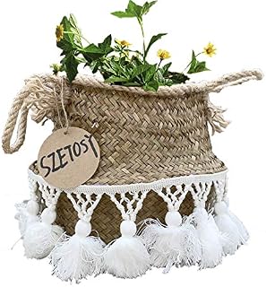 SZETOSY Natural Seagrass Storage Basket - GOODCHANCEUK Seagrass Belly Basket With PomPom Foldable Woven Basket With Rope Handle for Laundry, Toys or Plants,Nursery Style#1 27x24cm