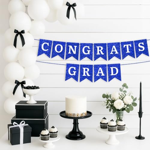Image of Pre-Strung Congrats Grad Banner - Blue Glitter Graduation Party Banner