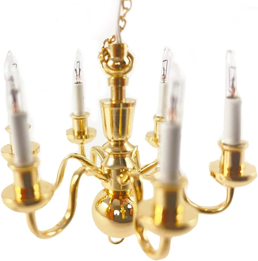 Melody Jane Dollhouse Elite 6 Arm Brass Chandelier Candle Bulbs 12V Electric