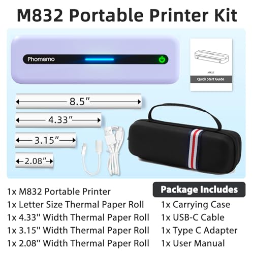 Phomemo Portable Thermal Printer, Bluetooth Portable Printers Wireless for Travel, M832 Inkless Mobile Printer for Phone Laptop, Support 8.5''x11''/A4/4.33''/3.15''/2.08'' Thermal Paper, with Case